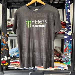 Y2K Black Monster Energy Kawasaki Racing Graphic Tee Medium Light Distressing